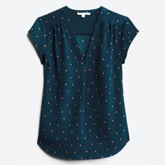 New Fun 2 Fun Lillian V-Neck Navy Tan Orange Black Geometric Blouse size L - Picture 2 of 8